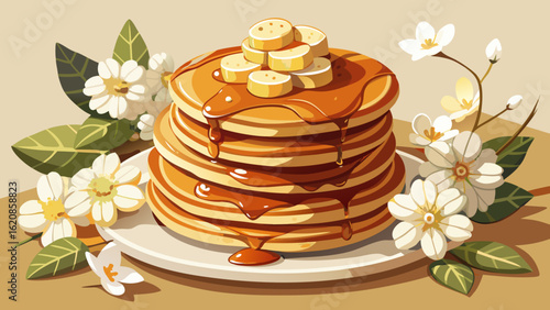  close up Stacked pancakes, drizzled with syrup, surrounded by white flowers on a light beige surface