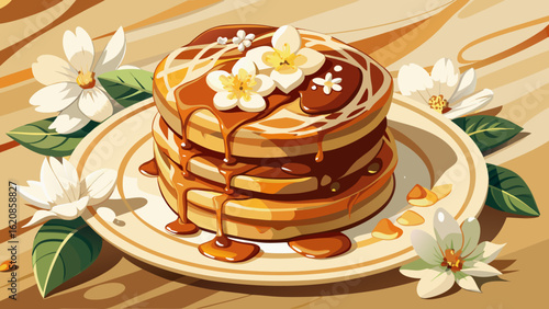  close up Stacked pancakes, drizzled with syrup, surrounded by white flowers on a light beige surface