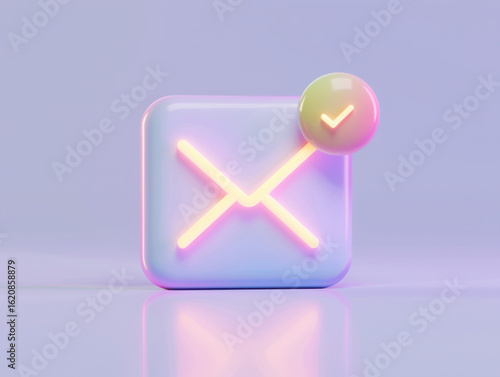 Pastel envelope with glowing x and checkmark notification against a soft purple background scene
