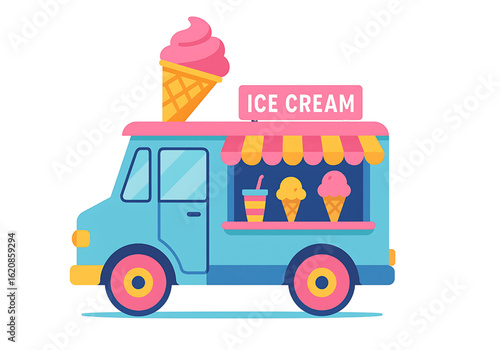 blue ice cream truck with pink awning and cone on top flat vector illustration summer treat mobile shop