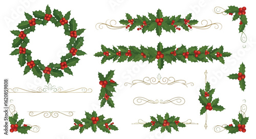 Holly leaf berry festive decorative elements holly leaves red berries