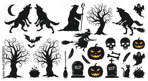 Howling wolves witches bats spooky trees pumpkins skulls ghosts cauldrons halloween