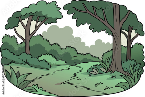 Cartoon forest path with trees and bushes nature