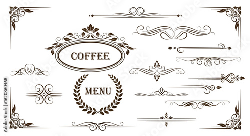 Ornate decorative elements with coffee and menu labels vintage flourishes vector