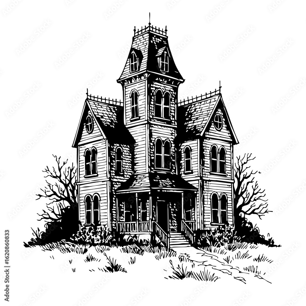 Obraz premium Vintage sketch of a haunted house surrounded by a spooky landscape 