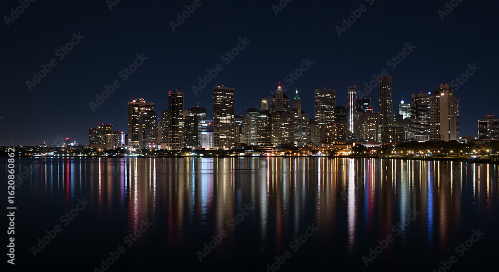 Fototapeta premium City skyline at night with water reflections cityscape