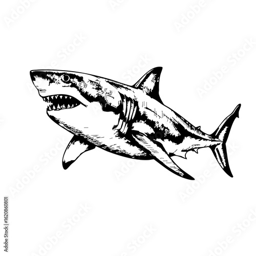 Great white shark vintage sketch in black and white illustration  