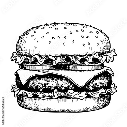 Vintage sketch of a hamburger with lettuce and cheese  