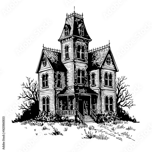 Vintage sketch of a haunted house surrounded by a spooky landscape  