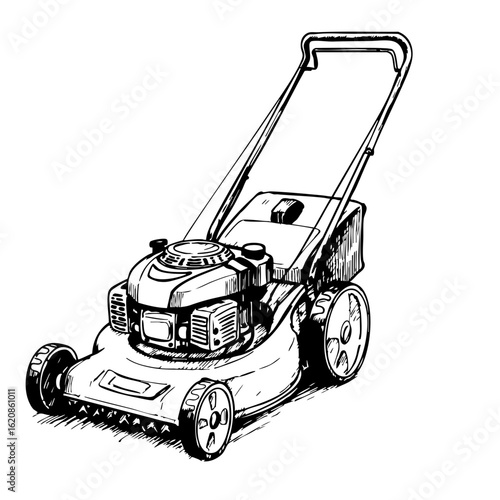 Vintage sketch of a lawn mower with detailed mechanical design  