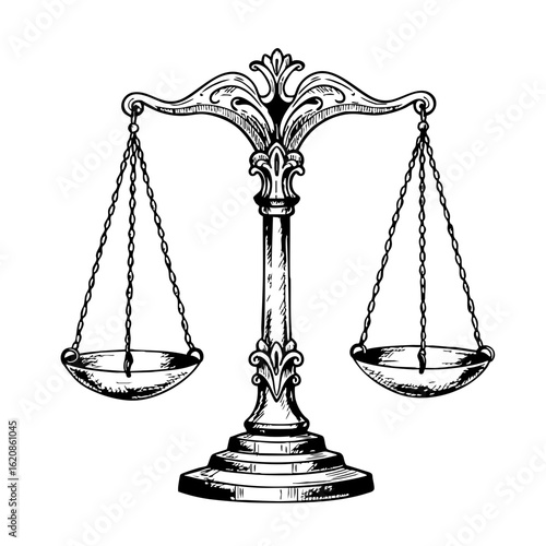 Vintage sketch of balanced scales representing justice and fairness  