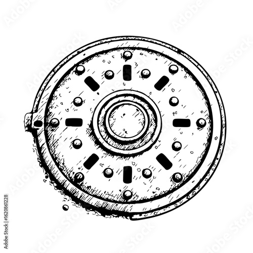 Vintage sketch of a round manhole cover with detailed design  