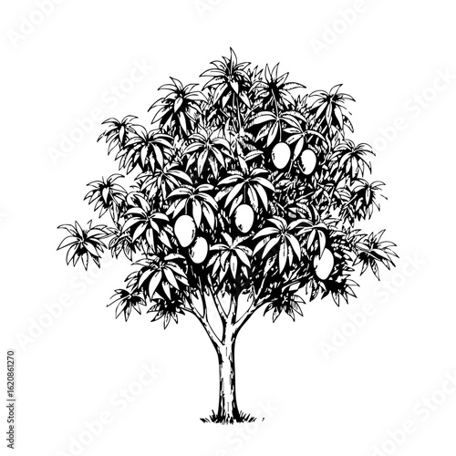 Vintage sketch of a mango tree with ripe fruit and lush leaves  
