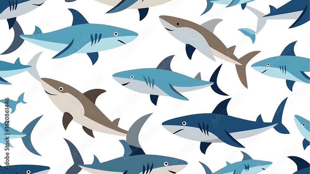 Obraz premium Playful cartoon sharks swimming in the ocean, a fun and seamless pattern for childrens designs and summer themes