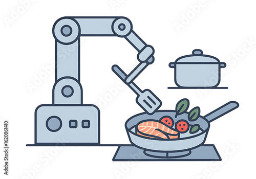 robotic arm cooking fish and vegetables in a pan automation kitchen technology illustration