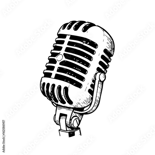 Vintage sketch of a classic microphone in black and white  