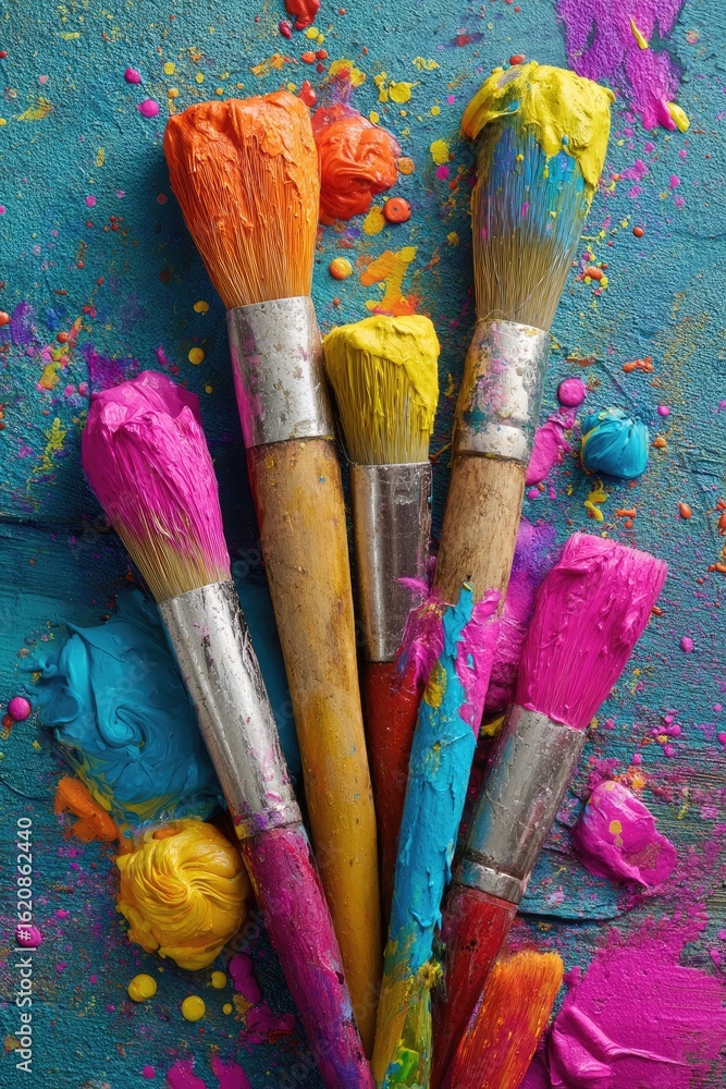 Fototapeta premium Paint-splattered artist's brushes in vibrant colors