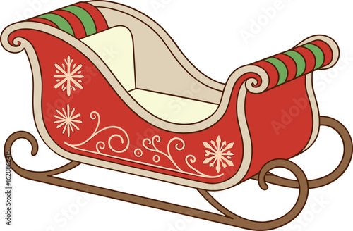 Red and green striped Christmas sleigh with snowflakes