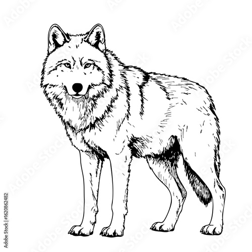 Vintage sketch of a standing wolf in detailed black and white  