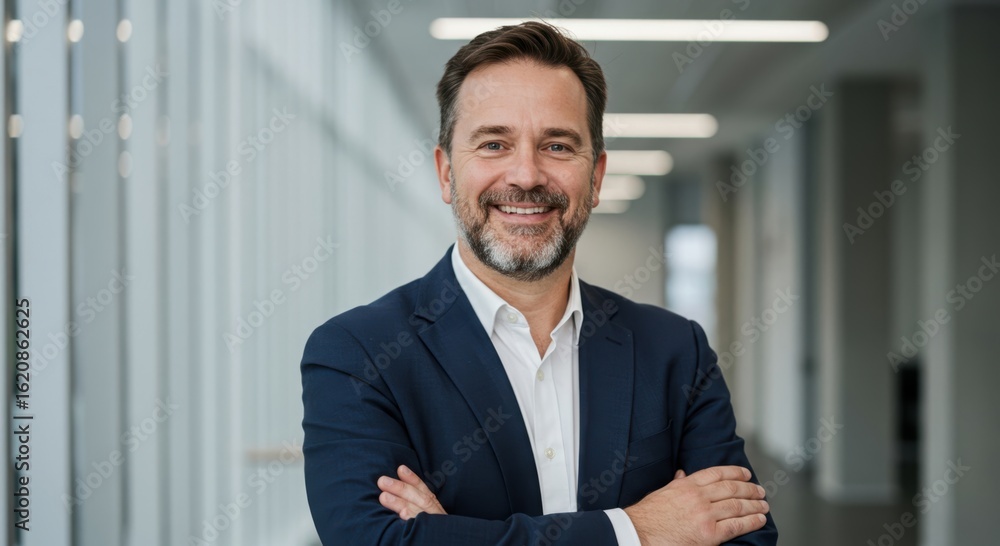 Fototapeta premium Smiling middle aged man with beard wearing a dark suit jacket and white shirt with arms crossed