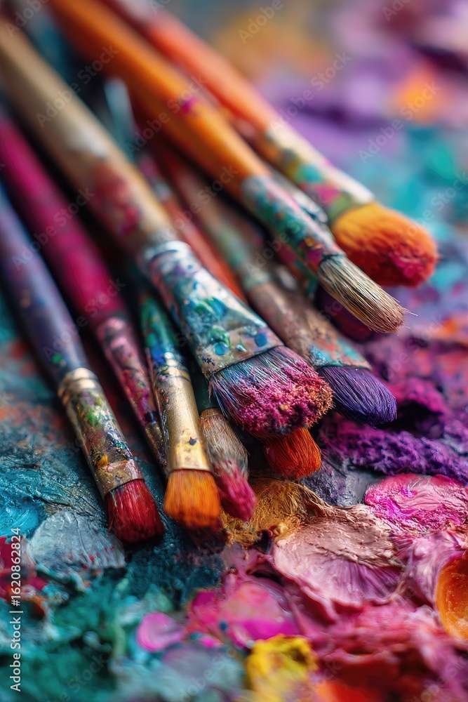 Fototapeta premium Close-up of various paintbrushes, vibrant colors, and textured paint on a palette