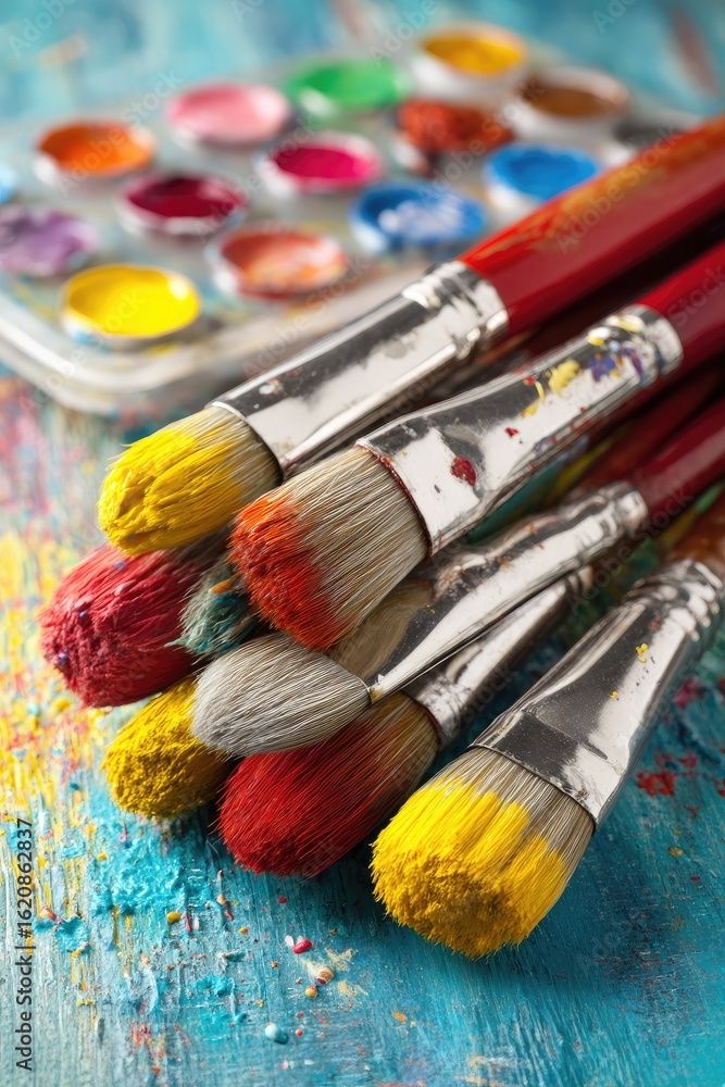 Obraz premium Colorful paintbrushes and palette on a textured surface