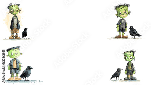 Adorable Halloween illustrations of a little Frankenstein boy with a crow, featuring various poses and expressions in a playful cartoon style.


