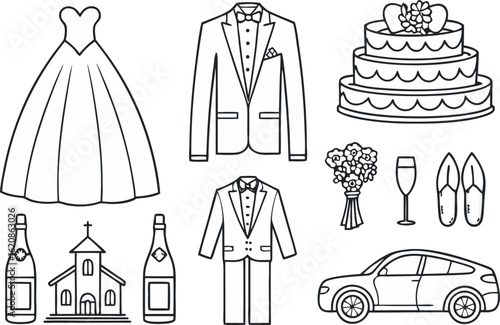 Wedding elements including dress cake champagne car church and attire