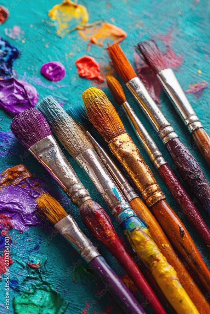 Obraz premium Paintbrushes and vibrant pigments on a teal palette