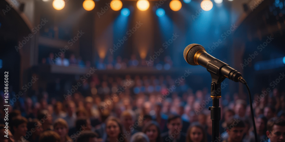 Obraz premium Live comedy performance theater venue audience engagement vibrant atmosphere close-up perspective