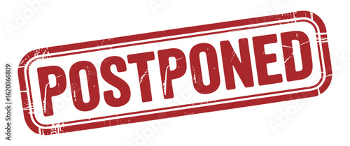 Red Rectangular “POSTPONED” Stamp in All Caps with Distressed Texture, Ideal for Delay Notices, Event Rescheduling, and Caution Messaging