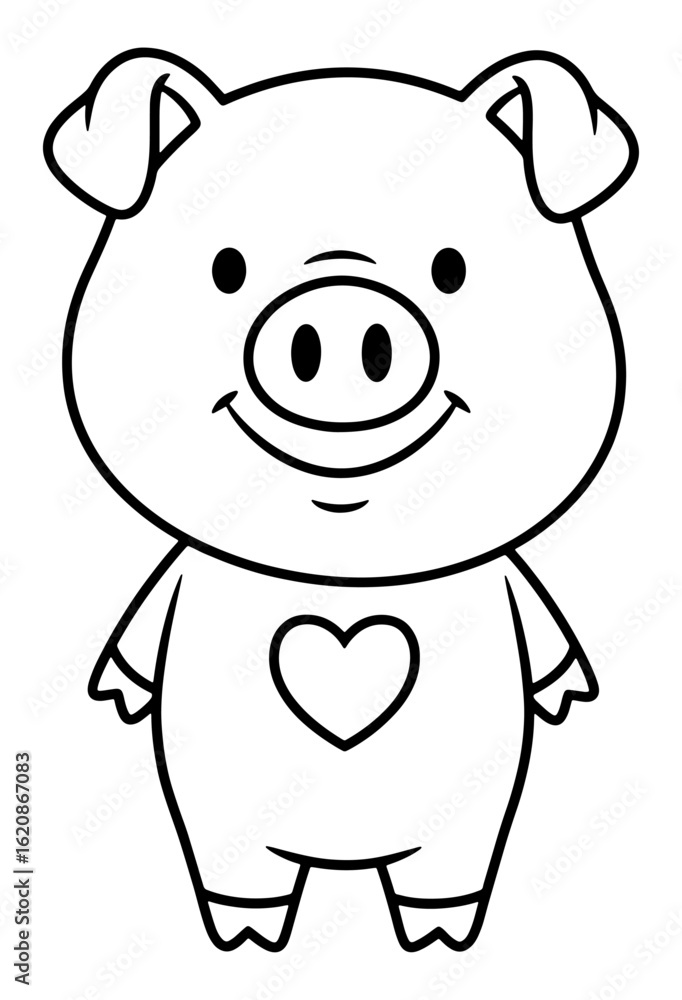Obraz premium Black and White Line Art Illustration of a Cute Pig with a Heart