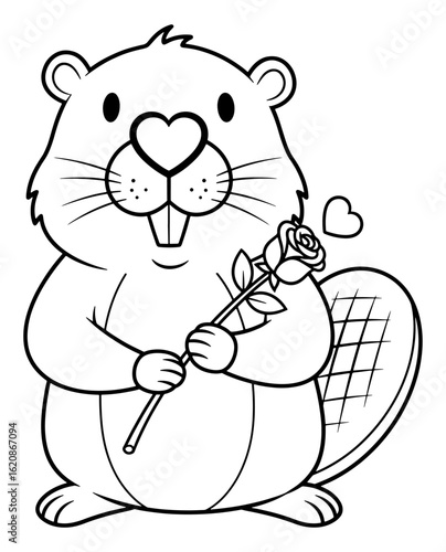 Cute Cartoon Beaver Holding a Rose in Black and White Outline