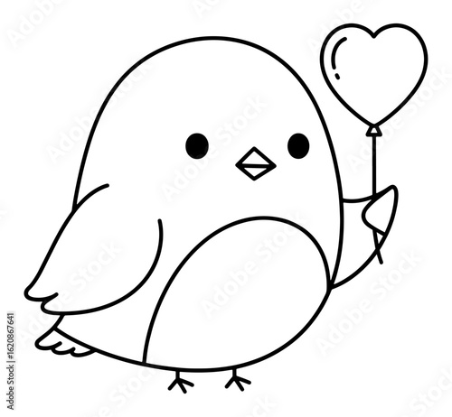 Cute Cartoon Bird Holding Heart Balloon, Black and White Outline Illustration