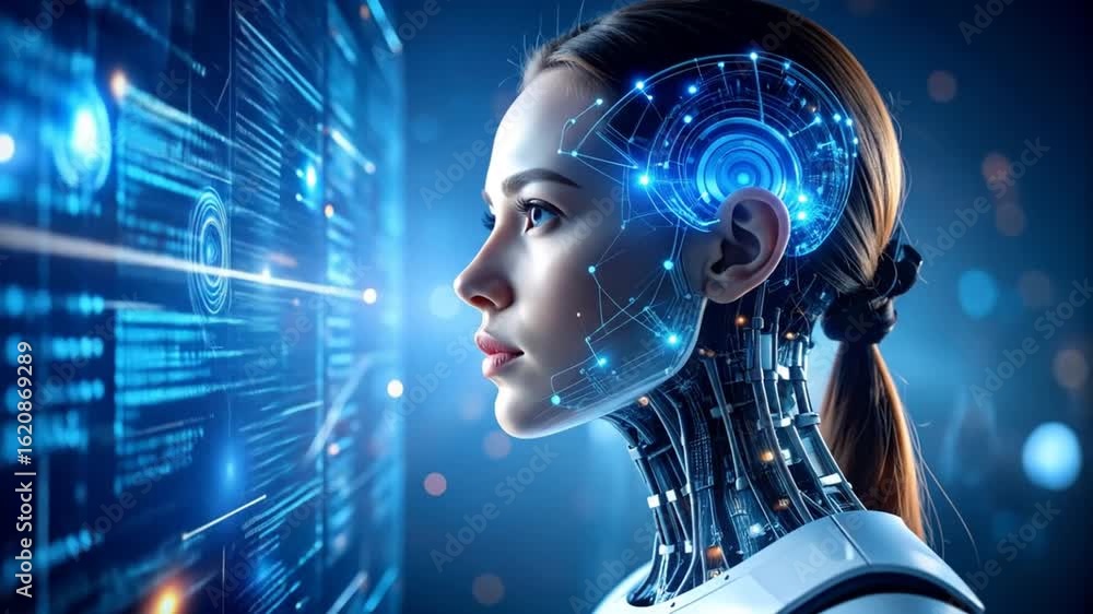 AI Future: Woman Robot Studies Digital Data AI Future: Woman Robot Studies Digital Data