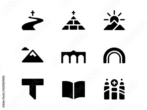 Collection of christian faith and journey symbols silhouette isolated on white background