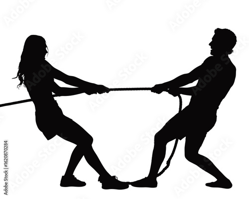 Man and woman in silhouette pulling a rope in a tug of war competition isolated on white background silhouette