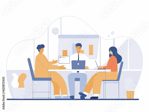 Business consultant advising clients with laptop in modern office with financial data overlay