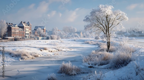 Winter river landscape in the Netherlands with snow and trees