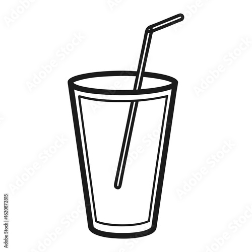 Simple black outline of a glass with a straw silhouette isolated on white background