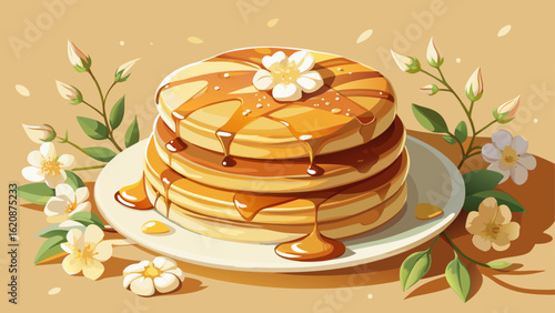 Close-up of stacked pancakes, golden and warm, drizzled with syrup that glistens gently, resting on a soft light beige surface, surrounded by delicate white flowers in serene balance.