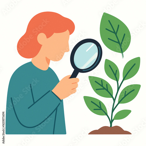 Botanist or researcher inspecting a plant with a magnifying glass