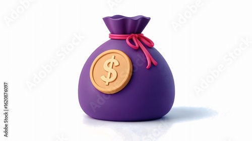 Purple 3D Rendered Money Bag with Dollar Coin; Playful, Cartoon Style; Financial Success Concept