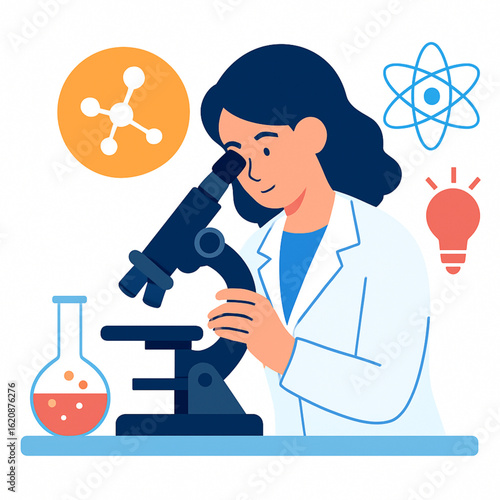 Female scientist looking through a microscope in a lab.