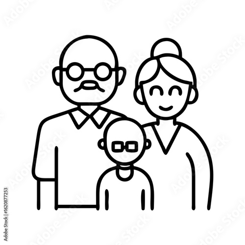 Family portrait line art vector illustration featuring parents and child with glasses design