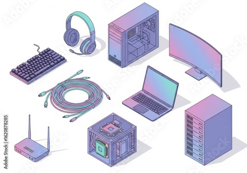 Wallpaper Mural Trendy isometric tech icons - mechanical keyboard, wireless headphones, CPU tower, ultrawide screen, laptop, cables, and server rack Torontodigital.ca