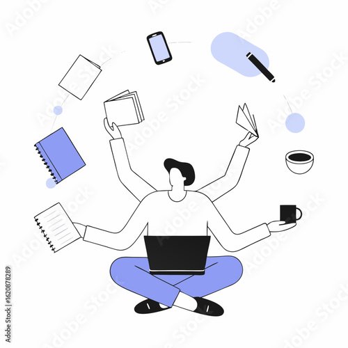 Multitasking Overload: A person juggles a multitude of tasks, from notebooks to coffee, showcasing the challenges of juggling daily routines.