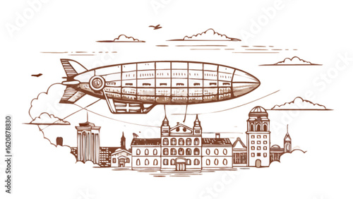 A vintage illustration of an airship flying over a city, isolated on white background the scene is reminiscent of a bygone era, with the zeppelin soaring through the sky above the buildings
