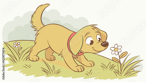 A charming cartoon illustration showcases a playful golden puppy with a red collar, sniffing a daisy on a grassy hill under a cloudy sky, evoking a sense of joy and innocence in a delightful outdoor s