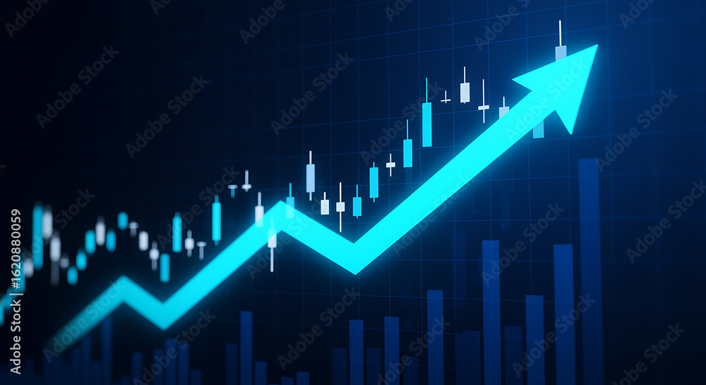 Fototapeta premium Bright blue arrow chart rising upwards with candlestick graph financial chart stock market